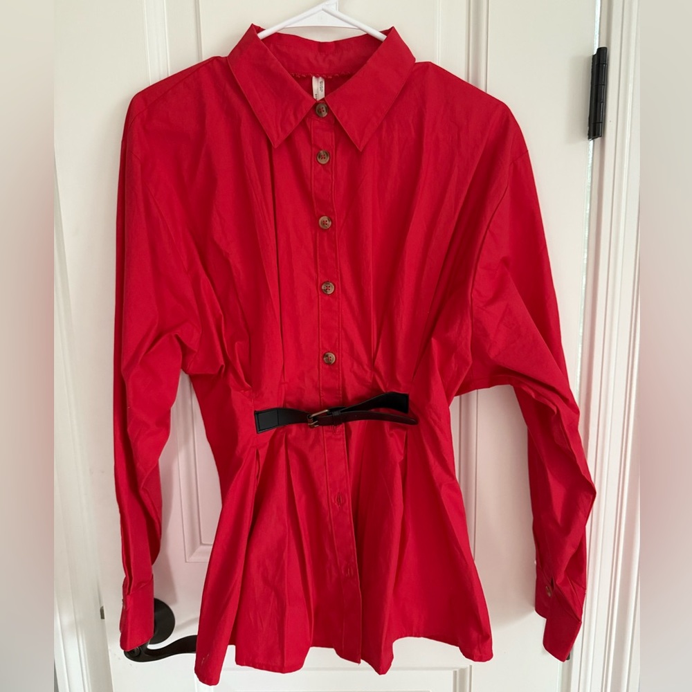 Anthropologie Vibrant Red Shirt with Black Belt